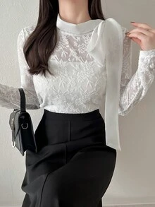 FRIFUL Women's Elegant Fashion Knot Neck Long Sleeve T-Shirt Fall - White - View 4