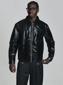 Musero Chaqueta Oversize con Hombros Caídos en PU Tejido con Cierre de Cremallera, Esencial de Otoño e Invierno - Negro - Ver 2