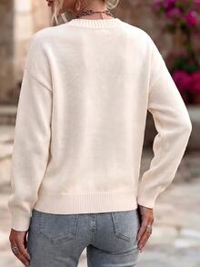 Linavere Women's V-Neck Floral Pattern Casual Daily Long Sleeve Sweater - White - View 2