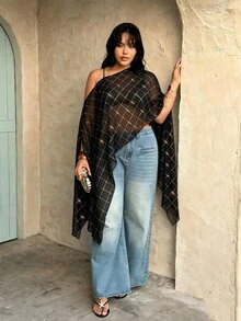 Rustia Plus Size Women's Asymmetric Neck Top, Autumn/Winter, Sexy Party Date Banquet Blouse - Black - View 3