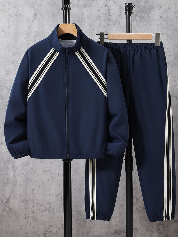Kids Tween Boy Casual Korean Style Loose Fit Sports Outdoor Full Zip Stand Collar Navy Blue Jacket And Jogger Pants 2 Pieces Set, Suitable For Autumn/Winter, Casual Sports Style - Blue - View 3