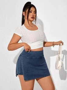 SHEIN EZwear Plus Size Women High Waist Asymmetrical Hem Casual Denim Skorts - Blue - View 6