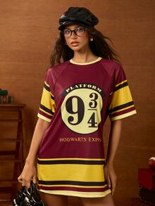 HARRY POTTER X SHEIN Women's Digital Print Striped Colorblock Short Sleeve Dress - Burgundy - View 1