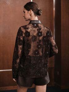 Anewsta Autumn/Winter New Lace Velvet Jacquard Patchwork PU Collar Fashion Versatile Shirt - Coffee Brown - View 7