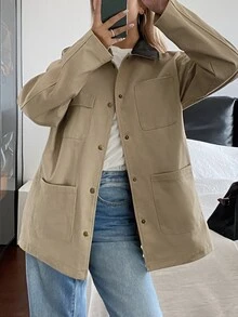 DAZY 拼接撞色寬鬆工裝夾克女款，休閒街頭韓風，秋季度假日常穿搭，卡其色，標準版 - 棕色 - 查看 2