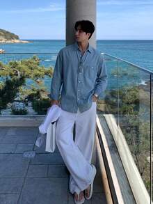 DAZY 夏季純色藍色水洗磨損男士牛仔夾克 - 藍色 - 查看 6