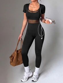 Dewbera Dewbera Women's Minimalist Sporty Sexy Mesh Patchwork Sports Jumpsuit Gym Workout Black Summer - Black - View 5