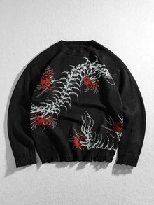 ROMWE MEN Men's Crew Neck Centipede Dark Knit Sweater Streetwear - Black - View 1