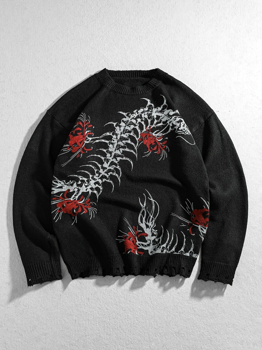 ROMWE MEN Men's Crew Neck Centipede Dark Knit Sweater Streetwear - Black - View 1