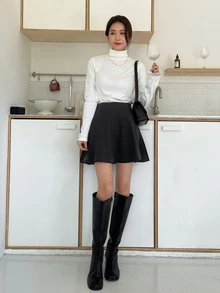 DAZY Women's Solid Color High Waist Casual Commuter Skirt - Black - View 3