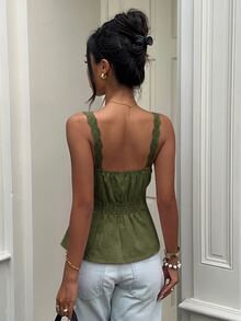 Aloruh Women's Elegant Casual Commute Top Lace Trim Patchwork Solid Color Sleeveless Blouse Summer - Army Green - View 2