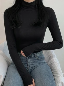 DAZY Women's Solid Color Casual Versatile Daily Long Sleeve T-Shirt - Black - View 6