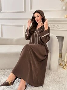 Al Najma Women's Striped Long Sleeve Casual Hooded Arabian Dress - Chocolate Brown - View 6