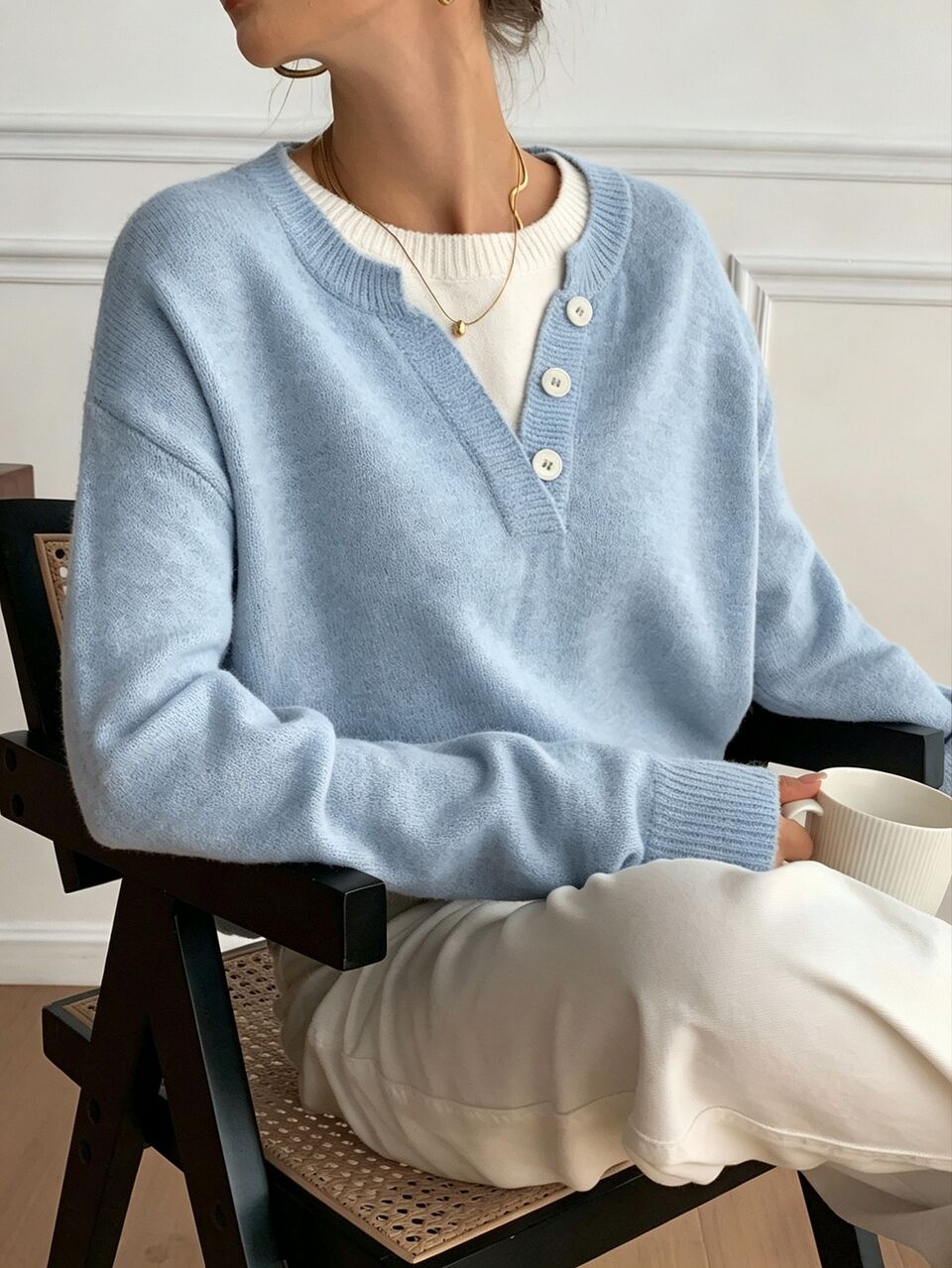 Slouchy Colorblock Henley Collar Top, 2 In 1 Soft Knit Sweater For Women