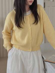 DAZY 女款拼接 2 合 1 寬鬆圓領長袖鈕扣裝飾休閒度假針織套頭毛衣，秋冬款 - 黃色 - 查看 2