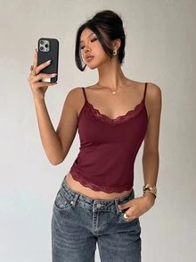 Aloruh 女款夏季休閒日常通勤簡約百搭素色撞色蕾絲修身短版背心 2件組 - 彩色 - 查看 9
