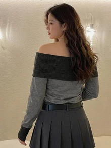 Dazy Plus Korean Style Colorblock Patchwork Off-Shoulder Slim Fit Cropped Long Sleeve T-Shirt - Dark Grey - View 2