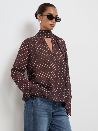 Maija Blus Lengan Panjang Wanita Motif Polkadot Kasual Serbaguna untuk Sehari-hari, Pakaian untuk Keluar, Pakaian Kerja untuk Wanita, Pakaian Musim Gugur