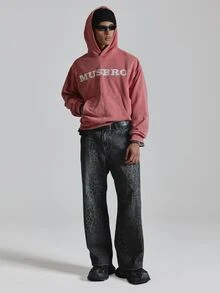 Oversized Washed Base Hoodie Front "MUSERO" Graphic Kangaroo Pocket Autum Winter Essentials - Pink - View 3