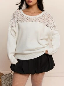 CovetEZ 秋冬新款蕾絲拼接長袖休閒大尺碼女款毛衣 - 白色 - 查看 4