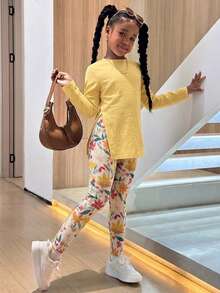 青少年女孩寬鬆長袖上衣與側開衩修身內搭褲 2 件套裝 - 彩色 - 查看 1