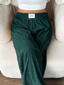 SHEIN EZwear 復古綠大尺碼女款秋冬休閒校園日常居家通勤長褲，卡其色燈芯絨面料，附口袋拼接設計，高腰寬鬆闊腿長褲 - Fresh Green - 查看 7