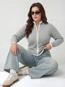 Solavibe Cardigan Wanita Ukuran Plus Motif Blok Warna Kasual Tradisional Serbaguna untuk Sehari-hari, Kantor Formal, Abu-abu, Musim Semi - Grey - View 3