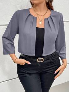 SHEIN Essnce Plus Size Women's Solid Color Pleated Design Open Front 3/4 Sleeve Blazer - Light Grey - View 4