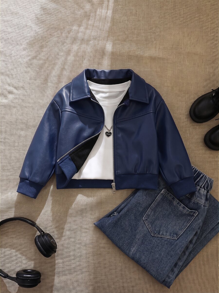 SHEIN Sparklyn Tween Girl) Black Zipper Front Lapel Ribbed Cuff Streetwear Cool Versatile Motorcycle PU Leather Loose Jacket, Autumn/Winter Outfit - Royal Blue - View 1