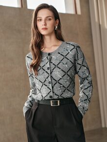Anewsta Women's Winter Loose Comfortable Grey Knit Cardigan With Diamond Pattern For Outdoor Wear - Grey - View 5