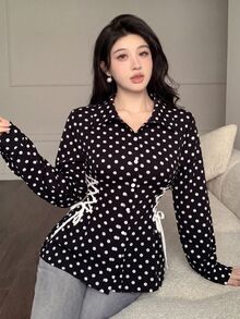 Modelyn 女款波點領結設計休閒百搭日常外出襯衫 - 黑色 - 查看 2
