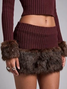 Nooralise Rok Rajut Bergaris Model Jalanan Modis Gaya Y2K dengan Hiasan Bulu Imitasi di Bagian Bawahnya - Coffee Brown - View 3