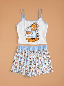 GARFIELD | SHEIN Women's Letter Print Camisole Top And Shorts Pajama Set - Blue - View 3