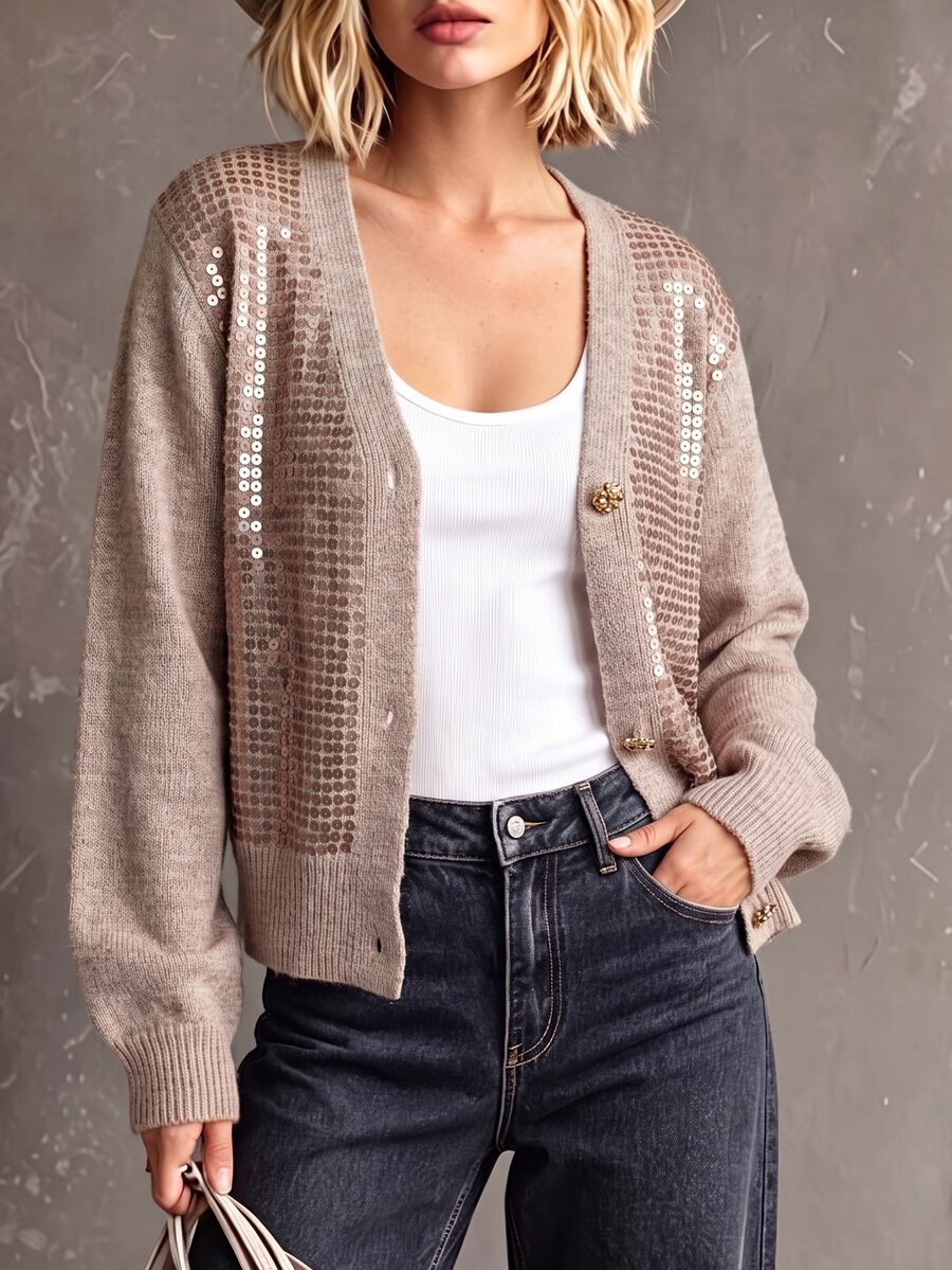 Wandoria Women's Autumn New Single Piece V-Neck Computer Embroidered Sequin Fashion Personalized Versatile Daily Commute Metal Button Knit Long Sleeve Cardigan Top - Apricot - View 1