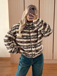 SHEIN EZwear 女款長袖前開拉鍊休閒復古幾何圖案抓絨夾克 - 摩卡棕 - 查看 5