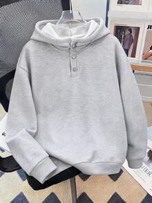 SHEIN 青少年男孩休閒麻灰色半開襟連帽衛衣，適合秋冬返校季 - 淺灰色 - 查看 3