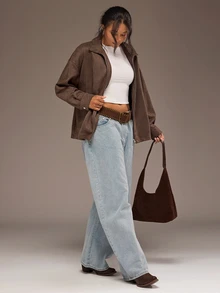 Freevana Plus Size Casual Versatile Jacket For Autumn Fall - Coffee Brown - View 4