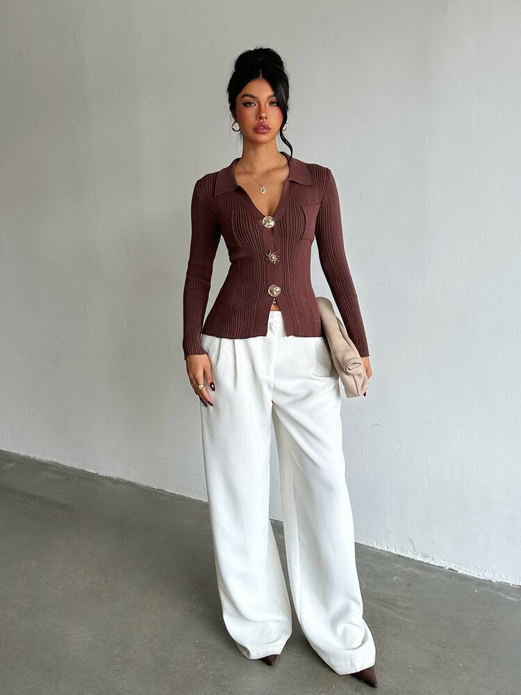 Glamine Women's Vintage Fashion Textured Metal Decor Knitted Cardigan - Brown - View 7