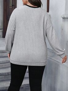 Easura 休閒通勤大尺碼女款蕾絲拼接圓領對比色長袖寬鬆羅紋T恤上衣，秋冬時尚上衣 - 灰色 - 查看 2