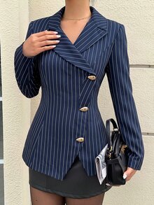Siren Gaze Women's Elegant Business Casual Casual Professional Metal Button Navy Blue And White Blazer Office Night Out Business Summer - Navy Blue - View 3