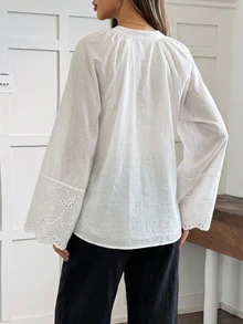 Dazy Maternity 拼接寬鬆套頭襯衫，綁帶蝴蝶結喇叭袖，休閒度假日常春秋上衣，孕婦襯衫 - 白色 - 查看 2
