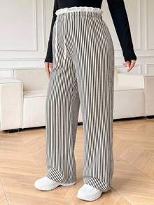 DAZY Celana Panjang Lurus Longgar dengan Motif Garis-Garis Kontras dan Tali Pengikat, Gaya Korea, Kasual untuk Sehari-hari, Liburan, Musim Semi, Musim Gugur, dan Ibu Hamil. - Khaki - View 7