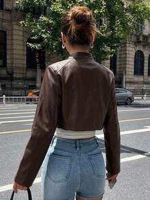 DAZY Women's Solid Color Fitted Short Stand Collar Long Sleeve Zipper Casual Street Vacation Spring Autumn PU Leather Jacket - Coffee Brown - View 2