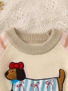 SHEIN Vintaside Kids Young Girl) Duck Embroidery Cute Minimalist Daily Knitted Pullover Sweater - Multicolor - View 3