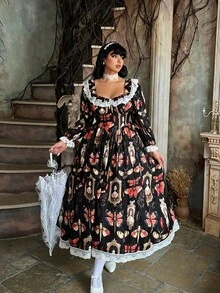 Lyrianda Plus Size Vintage Court Style Butterfly Print Dress Fall - Multicolor - View 7