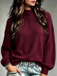 Trelyra Women's Solid Color Casual Daily Long Sleeve Sweater - Burgundy - View 1