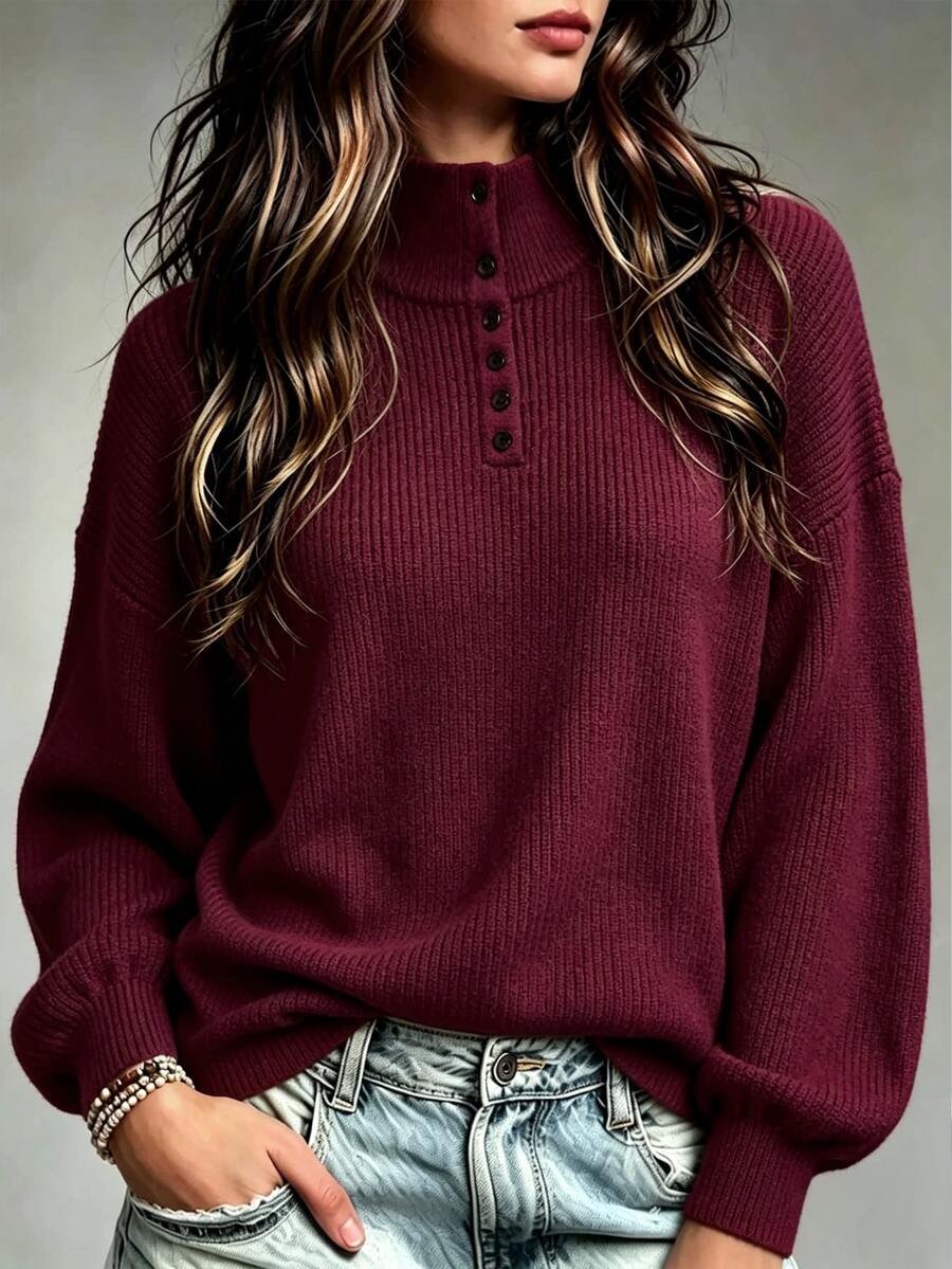 Trelyra Women's Solid Color Casual Daily Long Sleeve Sweater - Burgundy - View 1