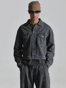 Musero Overszied Back Adjuster Grey Washed Denim Jacket Drop Shoulder Inserted Chest Pockets Co Ord Jacket Only Autum Winter Essentials - Black - View 2