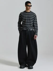 Musero Celana Jeans Denim Hitam Model Barrel Leg dengan Lipatan Pinggang dan Resleting, Pakaian Esensial Musim Gugur dan Musim Dingin - Hitam - View 1
