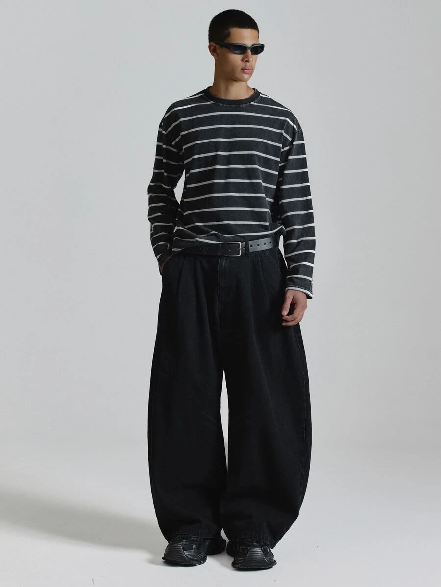 Musero Celana Jeans Denim Hitam Model Barrel Leg dengan Lipatan Pinggang dan Resleting, Pakaian Esensial Musim Gugur dan Musim Dingin - Hitam - View 1